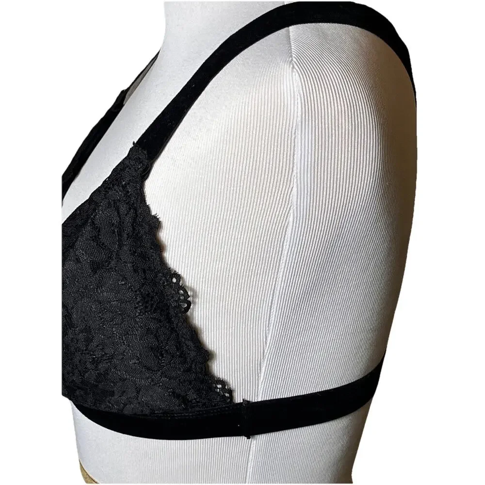 Rene Rofe Black Lace Bralette L Wireless‎ Padded Cross Back Velvet Straps - Picture 8 of 11